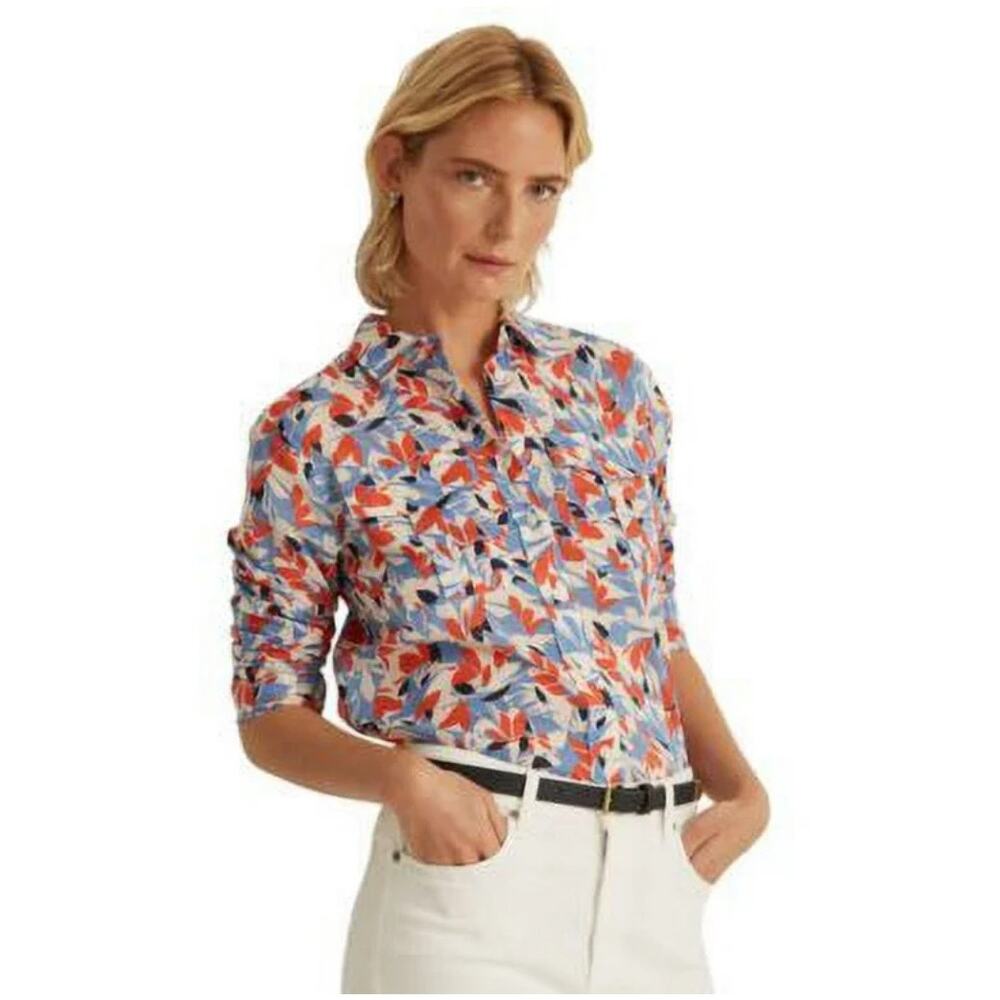 Lauren Ralph Lauren Floral Cotton Voile Shirt Multi-Floral Size P Medium